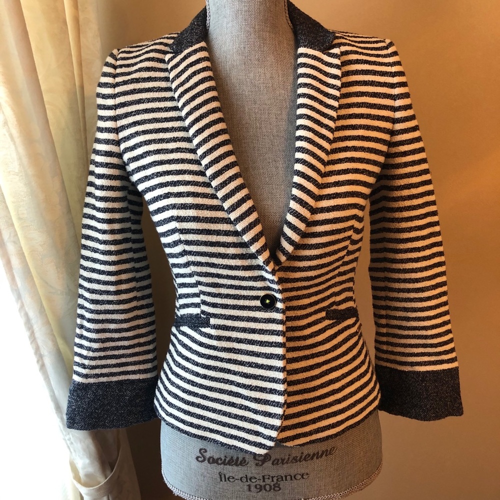 Zara Trafaluc Navy and White Striped Single Button Blazer